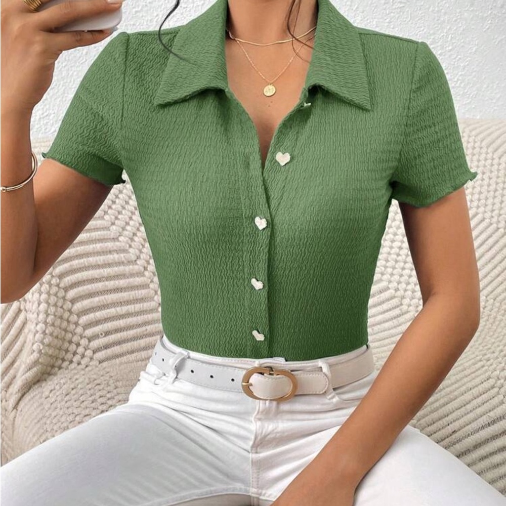 Green Fitted Ribbed Button Down Shirt